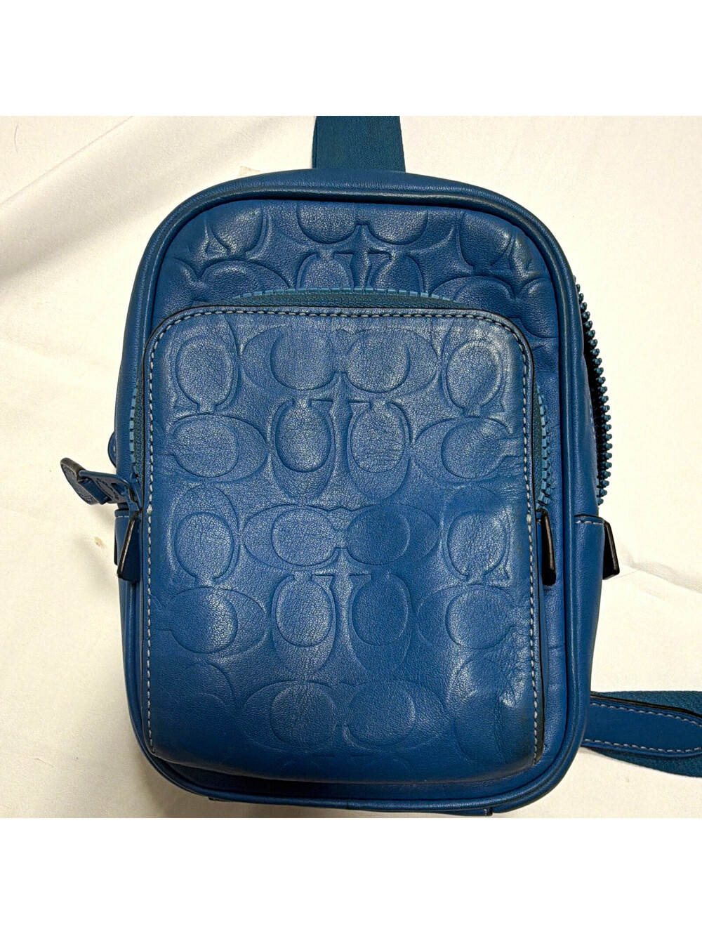 Coach Blue Signature Logo Zip Crossbody Sling Backpack Adjustable Strap Charm